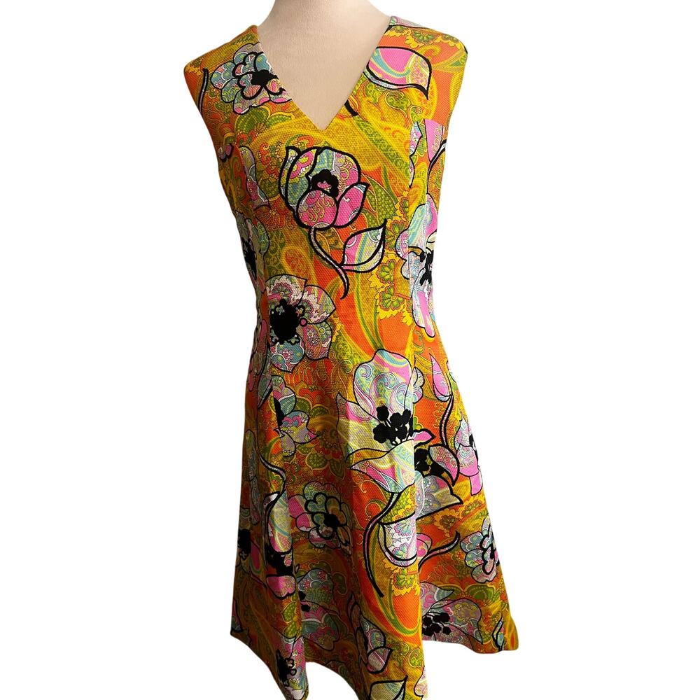 Vintage 70s Handmade Princess Seam Dress Retro 70’s Groovy Print Approx Size 6/8